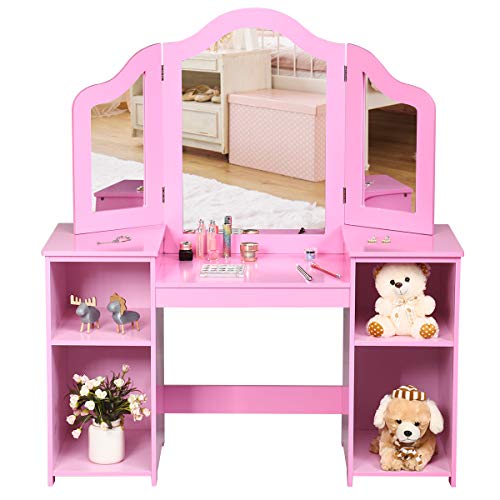 RELAX4LIFE Kinderschminktisch, 2 in 1 Schminktisch & Schreibtisch, mit abnehmbarem dreiteiligem Acryl-Spiegel, Frisiertisch mit 4 Aufbewahrungsfächern, süßes Geschenk für Mädchen Prinzessin (Pink) von RELAX4LIFE