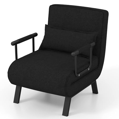 RELAX4LIFE Schlafsessel 4 in 1, Schlafsofa mit Bettfunktion, Klappsessel mit 6-stufig Verstellbarer Rückenlehne&Abnehmbarem Kissen&Armlehnen, bis 150kg belastbar, Gästebett für Wohnzimmer (Schwarz) von RELAX4LIFE