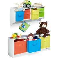 2 teiliges Kinderzimmer Aufbewahrungsset, Kindersitzbank mit Stauraum, Wandregal Wandgarderobe, weiß mit bunten Stoffboxen von RELAXDAYS