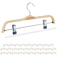 30 x Hosenbügel Holz, verstellbare & gummierte Clips, 360° drehbarer Haken, Kleiderbügel, 37cm breit, Klemmbügel, natur von RELAXDAYS