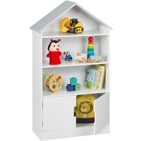 Kinderregal, Hausförmiges Bücherregal, 3 offene Fächer, 1 geschlossenes Fach, hbt: 115 x 68 x 28 cm, weiß/grau - Relaxdays von RELAXDAYS