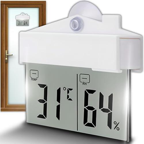Retoo Fensterthermometer Digitales, 11 x 9 cm, Raumthermometer und Luftfeuchtigkeitsmesser, Hygrometer, Fensterscheibe Temperaturanzeige mit LCD-Display, Fenster Thermometer mit klebe von Retoo
