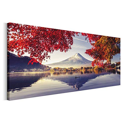 REVOLIO 120x40 cm Leinwandbild Wandbilder Wohnzimmer Modern Kunstdruck Design Wanddekoration Deko Bild auf Leinwand Bilder 1 Teilig - Japan Berg Fuji rot Blau von REVOLIO