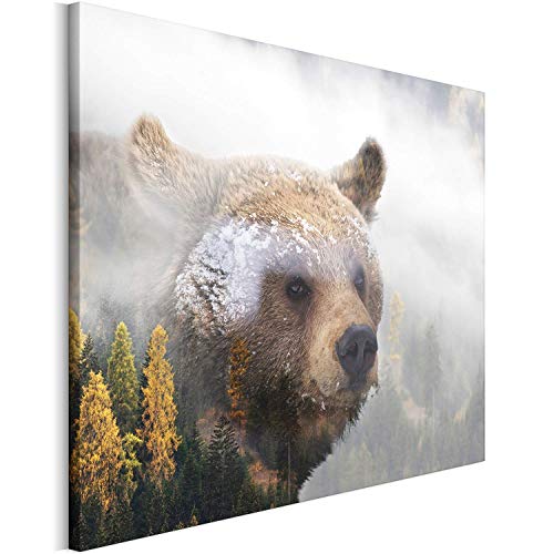 REVOLIO 120x80 cm Leinwandbild Wandbilder Wohnzimmer Modern Kunstdruck Design Wanddekoration Deko Bild auf Leinwand Bilder 1 Teilig - Natur Bär Bäume Nebel weiß von REVOLIO