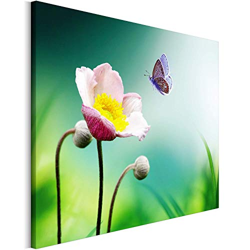 REVOLIO 120x80 cm Leinwandbild Wandbilder Wohnzimmer Modern Kunstdruck Design Wanddekoration Deko Bild auf Leinwand Bilder 1 Teilig - Natur Blume Schmetterling gelb grün von REVOLIO