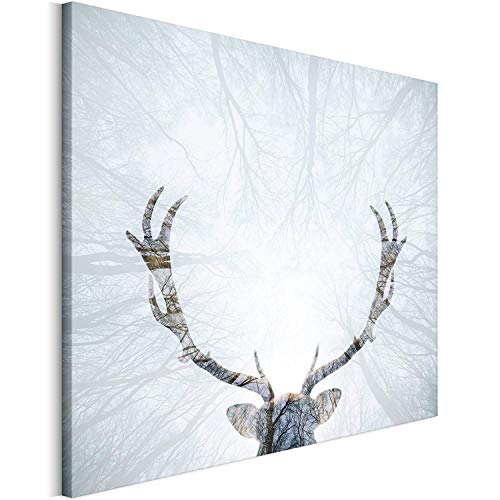 REVOLIO 120x80 cm Leinwandbild Wandbilder Wohnzimmer Modern Kunstdruck Design Wanddekoration Deko Bild auf Leinwand Bilder 1 Teilig - Natur Hirsch Hörner Bäume weiß von REVOLIO