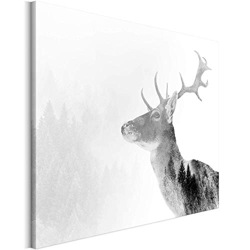 REVOLIO 120x80 cm Leinwandbild Wandbilder Wohnzimmer Modern Kunstdruck Design Wanddekoration Deko Bild auf Leinwand Bilder 1 Teilig - Natur Hirsch Nebel Bäume schwarz-weiß von REVOLIO