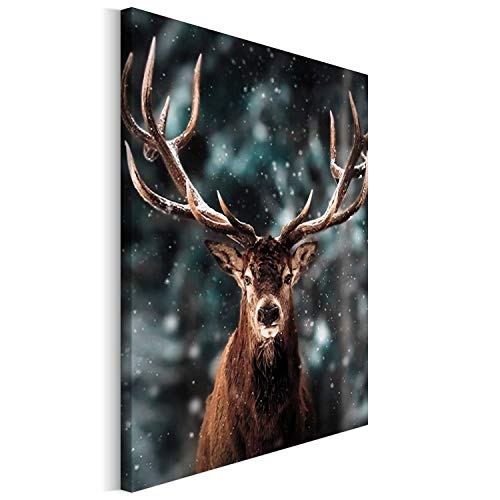 REVOLIO 50x75 cm Leinwandbild Wandbilder Wohnzimmer Modern Kunstdruck Design Wanddekoration Deko Bild auf Leinwand Bilder 1 Teilig - Tier Hirsch Winter braun Weiß von REVOLIO