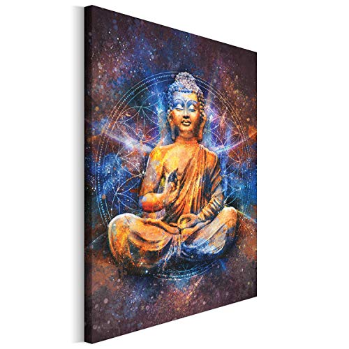 REVOLIO 60x90 cm Leinwandbild Wandbilder Wohnzimmer Modern Kunstdruck Design Wanddekoration Deko Bild auf Leinwand Bilder 1 Teilig - Buddha Zen Sterne orange blau Bach Gebirgsbach Dschungel grün blau von REVOLIO