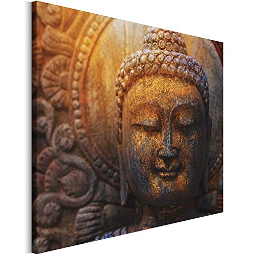 REVOLIO 75x50 cm Leinwandbild Wandbilder Wohnzimmer Modern Kunstdruck Design Wanddekoration Deko Bild auf Leinwand Bilder 1 Teilig - Buddha Gesicht braun gelb von REVOLIO