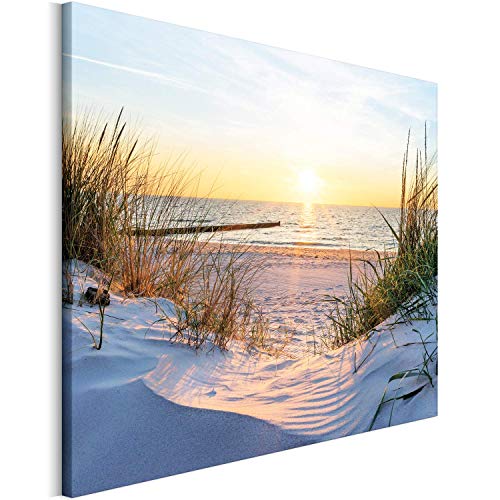 REVOLIO 75x50 cm Leinwandbild Wandbilder Wohnzimmer Modern Kunstdruck Design Wanddekoration Deko Bild auf Leinwand Bilder 1 Teilig - Dünen Strand Meer Sonnenuntergang gelb von REVOLIO