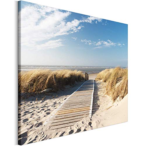 REVOLIO 75x50 cm Leinwandbild Wandbilder Wohnzimmer Modern Kunstdruck Design Wanddekoration Deko Bild auf Leinwand Bilder 1 Teilig - Dünen Strand Meer gelb blau von REVOLIO