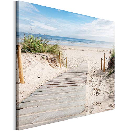 REVOLIO 75x50 cm Leinwandbild Wandbilder Wohnzimmer Modern Kunstdruck Design Wanddekoration Deko Bild auf Leinwand Bilder 1 Teilig - Strand Meer Gras Dünen beige von REVOLIO