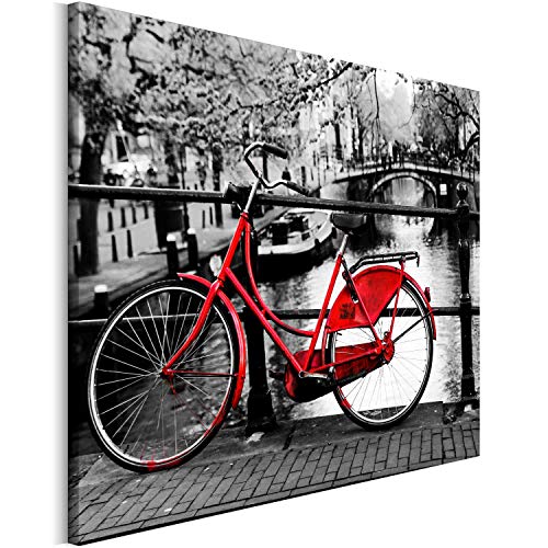 REVOLIO 90x60 cm Leinwandbild Wandbilder Wohnzimmer Modern Kunstdruck Design Wanddekoration Deko Bild auf Leinwand Bilder 1 Teilig - Amsterdam Fahrrad Brücke rot schwarz-weiss von REVOLIO