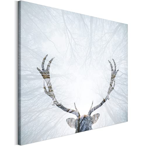 REVOLIO 90x60 cm Leinwandbild Wandbilder Wohnzimmer Modern Kunstdruck Design Wanddekoration Deko Bild auf Leinwand Bilder 1 Teilig - Natur Hirsch Hörner Bäume weiß von REVOLIO