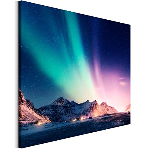 REVOLIO 90x60 cm Leinwandbild Wandbilder Wohnzimmer Modern Kunstdruck Design Wanddekoration Deko Bild auf Leinwand Bilder 1 Teilig - Nordlicht Polarlicht Berge grün violett von REVOLIO