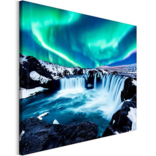 REVOLIO 90x60 cm Leinwandbild Wandbilder Wohnzimmer Modern Kunstdruck Design Wanddekoration Deko Bild auf Leinwand Bilder 1 Teilig - Nordlicht Polarlicht Wasserfall grün blau von REVOLIO