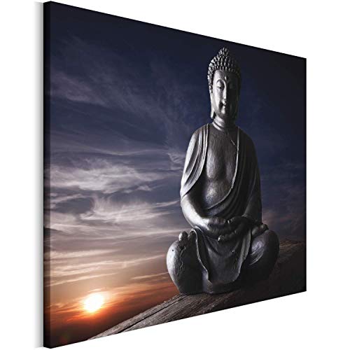 REVOLIO 90x60 cm Leinwandbild Wandbilder Wohnzimmer Modern Kunstdruck Design Wanddekoration Deko Bild auf Leinwand Bilder 1 Teilig - Sonnenuntergang blau grau Buddha von REVOLIO