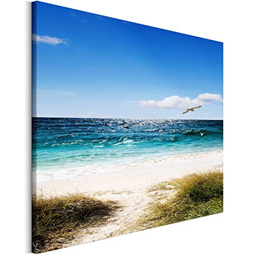 REVOLIO 90x60 cm Leinwandbild Wandbilder Wohnzimmer Modern Kunstdruck Design Wanddekoration Deko Bild auf Leinwand Bilder 1 Teilig - Strand Meer Möwe Gras blau beige von REVOLIO