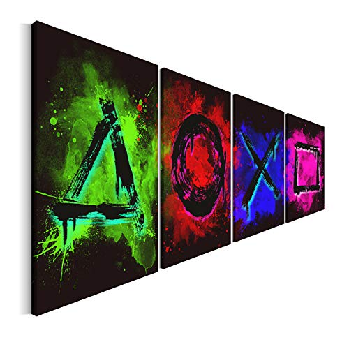 REVOLIO Leinwandbild Wandbilder Wohnzimmer Modern Kunstdruck Wanddekoration Deko Mehrteilige Leinwand Bilder 4 Teilig TYP C, 120 x 45 cm - Spielkonsole Gamer Game Spielerzimmer von REVOLIO