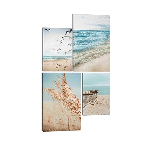 REVOLIO Leinwandbilder Set - Wanddeko Wohnzimmer & Schlafzimmer - 4 Wandbilder Set Aufhängfertig - Bilderset Größen 30x45 und 40x60 - Leinwand Bilder Set - Boote Meer Ozean Düne Pampasgras Natur von REVOLIO