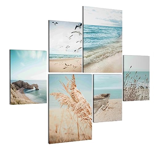 REVOLIO Leinwandbilder Set - Wanddeko Wohnzimmer & Schlafzimmer - 6 Wandbilder Set Aufhängfertig - Bilderset Größen 30x45 und 40x60 - Leinwand Bilder Set - Boote Meer Ozean Düne Pampasgras Natur von REVOLIO