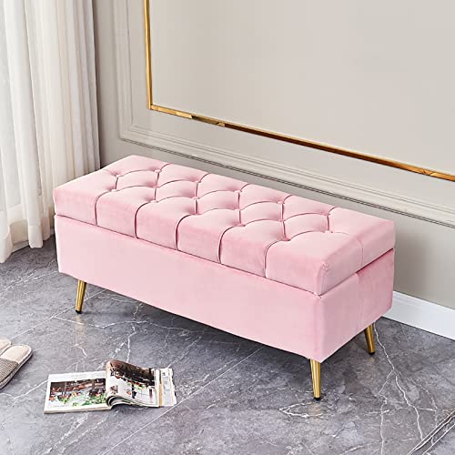 Truhen-Couchtisch für Wohnzimmer, Schlafzimmer, Samt-Aufbewahrung, Ottoman-Bank, getuftete Fußstütze mit Knöpfen, Sofa-Hocker, rechteckiger Flanell-Polster-Bett-End-Hocker-Rosa 60 x 40 x 45 von RHYDM