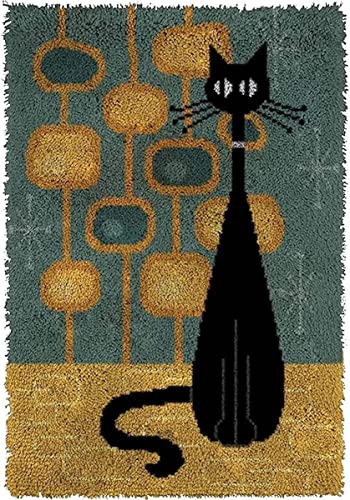 ROCKY&CHAO Knüpfhaken-Teppich-Set DIY-Knüpfhaken Teppichherstellungs-Set für Erwachsene Kinder Kreuzstich-Set Teppichherstellung Heimdekoration 50 x 38 cm（Schwarze Katze der Karikatur） von ROCKY&CHAO