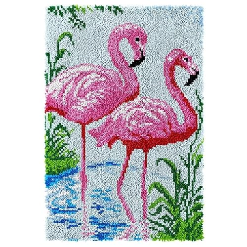 ROCKY&CHAO Knüpfhaken-Teppich-Set DIY-Knüpfhaken Teppichherstellungs-Set für Erwachsene Kinder Kreuzstich-Set Teppichherstellung Heimdekoration 60 x 40 cm （Zwei Flamingos） von ROCKY&CHAO