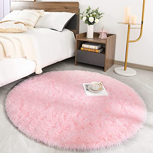 ROHATIM Hochflor Teppich Rund Wohnzimmer Super weich Shaggy Teppich Flauschiger,Soft Area Rug Schlafzimmer Teppiche Super weich Fluffy Kindermatte(Rosa,150 x 150 cm) von ROHATIM