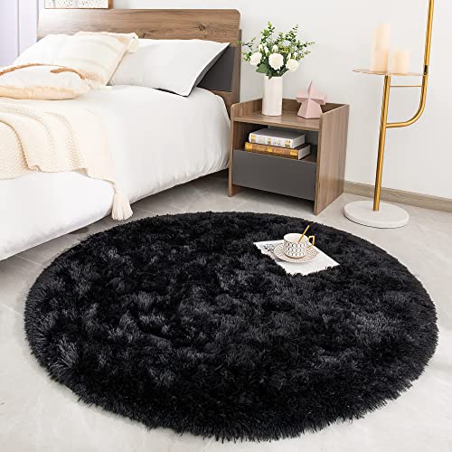 ROHATIM Hochflor Teppich Rund Wohnzimmer Super weich Shaggy Teppich Flauschiger,Soft Area Rug Schlafzimmer Teppiche Super weich Fluffy Kindermatte(Schwarz,150 x 150 cm) von ROHATIM