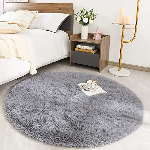 ROHATIM Hochflor Teppich Rund Wohnzimmer Super weich Shaggy Teppich Flauschiger,Soft Area Rug Schlafzimmer Teppiche Super weich Fluffy Kindermatte(grau,150 x 150 cm) von ROHATIM