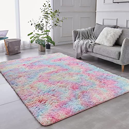 ROHATIM Hochflor Teppich Wohnzimmer Super weich Shaggy Teppich Flauschiger,Soft Area Rug Schlafzimmer Teppiche Super weich Fluffy Kindermatte Carpet(Regenbogen,120 x 160 cm) von ROHATIM