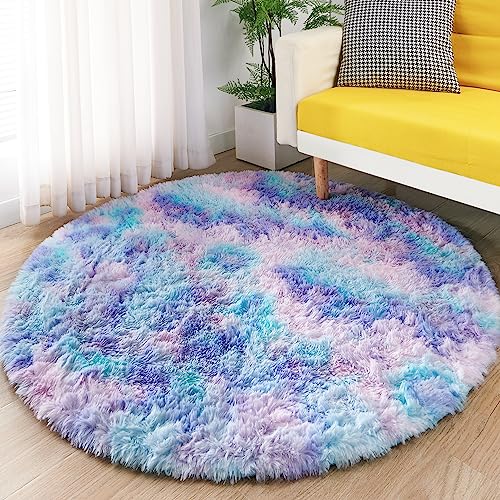 ROHATIM Schlafzimmer Plüsch Teppich Rund,Flauschiger Teppich für Wohnzimmer,modernes Wohnzimmer,Mädchen,weicher und Flauschiger Teppich für das Schlafzimmer Kindermatte(Blau-violett,Ø 100 cm Rund) von ROHATIM