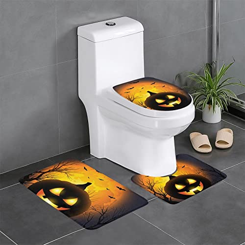 ROOZEE Halloween Flanell rutschfeste Badezimmermatten Sets 3 Stück - Dekoratives Badematten-Set, Badezimmerteppich + U-förmige Kontur Toilettenmatte + O-Form Toilettensitzbezug von ROOZEE