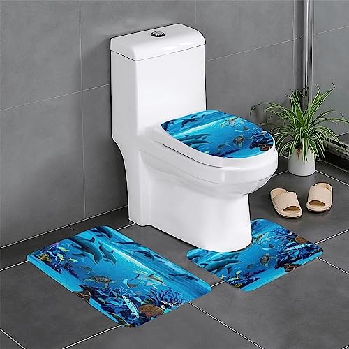 ROOZEE Sea Blue Marine Life Flanell rutschfeste Badezimmermatten-Sets 3-teilig - Dekoratives Badematten-Set, Badezimmerteppich + U-förmige Kontur-WC-Vorleger + O-förmiger Toilettensitzbezug von ROOZEE