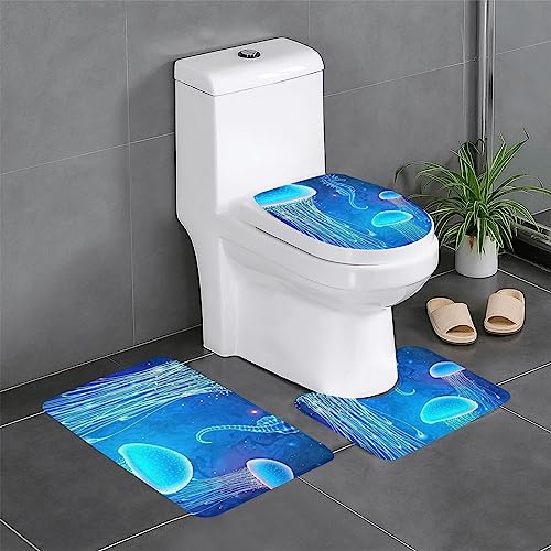 ROOZEE Unterwasser Quallen Flanell rutschfeste Badezimmermatten Sets 3-teilig - Dekoratives Badematten-Set, Badezimmerteppich + U-förmiger Kontur-Toilettenvorleger + O-förmiger Toilettensitzbezug von ROOZEE