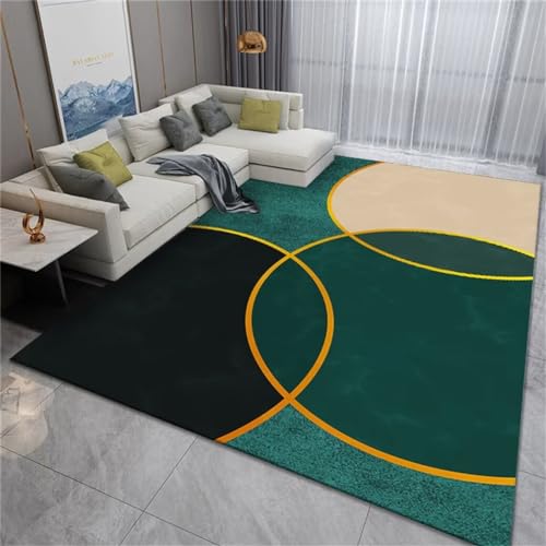 Zimmer Dekoration Bettbank Schlafzimmer Grüner Halbkreis geometrisches Design gelbe Linie Dekoration ist pflegeleicht The Carpet Teppich(Grün 200X300cm) von ROSURUG