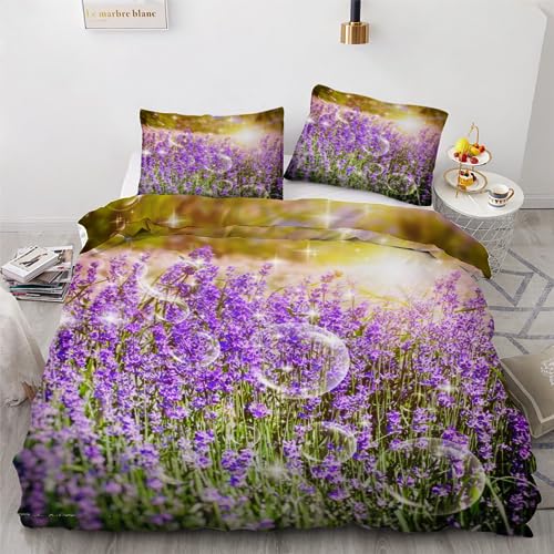 ROUSKI Bettwäsche Lavendel 155x220 cm 3teilig 100% Leicht Mikrofaser Bettbezug Lila Blume Wendebettwäsche mit Reißverschluss 3D Motiv Zimmer Dekor Bettwäsche-Sets mit 2 Kissenbezüge 80x80 von ROUSKI
