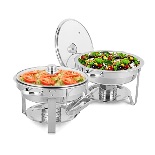 ROVSUN Chafing Dish Buffet-Set, Edelstahl, runde Chafers für Catering, Buffet-Server und Wärmer-Set mit Glasdeckel und Deckelhalter, dicker Ständerrahmen für Hochzeit, Party, Bankett, Veranstaltung, 5 von ROVSUN