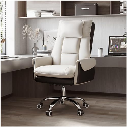 RRNAR Bürostuhl mit Hoher Rückenlehne, Höhenverstellung Drehstuhl, Ergonomisch Schreibtischstuhl, Chefsessel Rücken Stuhl mit Kopfstütze - Leder Computerstuhl,White/Black,Without Footrest von RRNAR