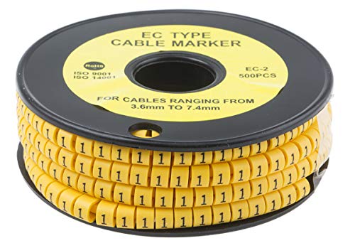 RS PRO Kabel-Markierer, aufsteckbar, Beschriftung: 1, Schwarz auf Gelb, Ø 3.6mm - 7.4mm, 5mm, 500 Stück, Packung a 500 Stück von RS PRO