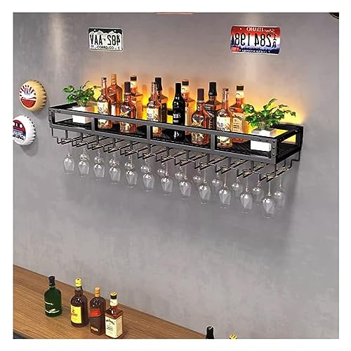 Bar-Einheit, schwebende Regale, an der Wand montierte Weinregale mit LED-Licht, umgekehrtes Weinglasregal, multifunktionaler Flaschenhalter aus Eisen, einfaches hängendes Kelchregal für Zuhause, Bar von RTAKG