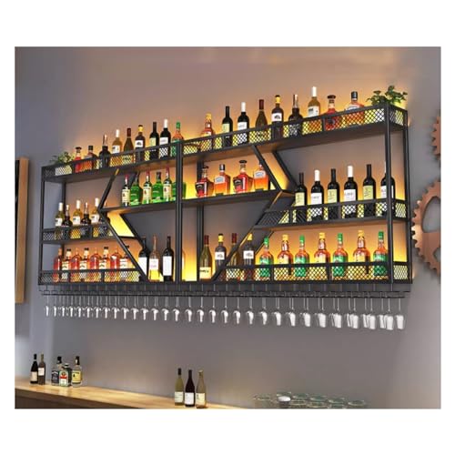 RTAKG Wandmontiertes Weinregal mit Glashalter, schwebende Barregale mit LED-Licht, Metall-Flaschenhalter, Weinaufbewahrung, Präsentationsregal für Bar, Wohnzimmer, Restaurant, Hintergrunddekoration von RTAKG