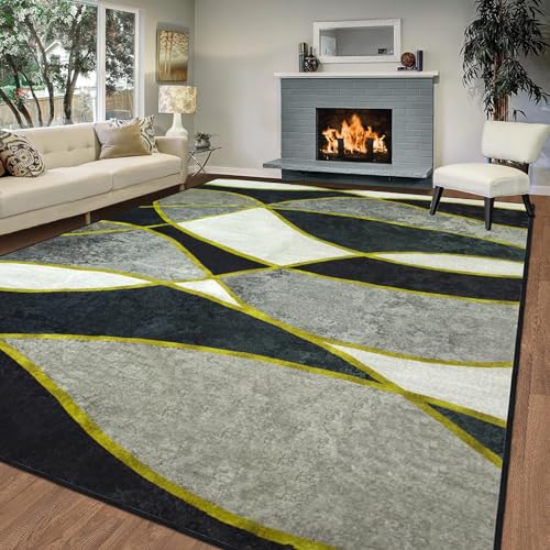 Wohnzimmer Teppich 120x160, Modernes Luxuriöses Schlichtes Waschbarer Teppich Kurzflor Rutschfest Rugs for Living Room Flauschig Dunkelgrünes Vergoldetes Geometrisches Muster Teppich Wohnzimmer von RTBQJ-AT