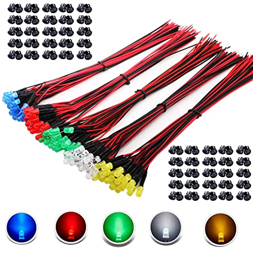 RUNCCI-YUN 100 Stück 5mm 3V-9V-12V LED diode,LED mit kabel 12v,modelleisenbahn h0 beleuchtung rc modellbauLED-Dioden Licht+ 100 Stück 5mm LED Montageringe Plastik (Rot, Gelb, GRÜN, Weiß, Blau) von RUNCCI-YUN