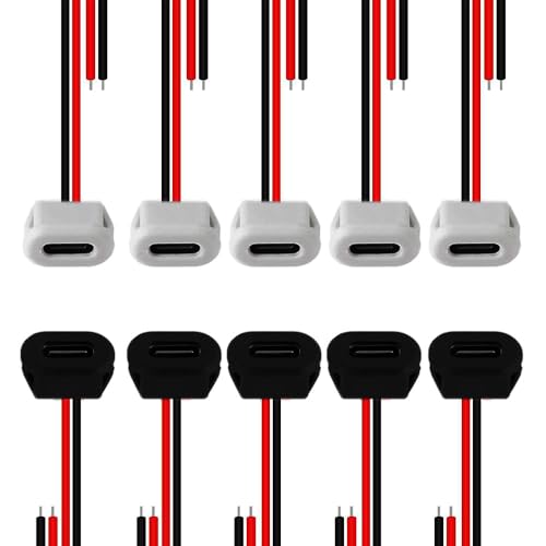 RUNCCI-YUN 10Pcs USB-C buchse 2-Draht einbau Typ-C-Buchse，USB Pigtail Kabel USB einbaubuchse,USB-C-Buchse für Panelmontage 3A Schnelllade-Typ-C-Buchse mit Schnappnut Schnalle,Schwarz und weiß von RUNCCI-YUN