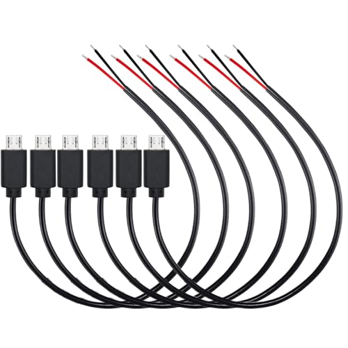 RUNCCI-YUN 6 Stück Micro USB Pigtail Kabel,Micro USB Stecker auf 2-poligen blankes Kabel,22AWG 3A USB Stecker,2-adriges USB Verlängerungskabel,USB Stecker löten,mit offenem Ende für Heimwerker 30cm von RUNCCI-YUN