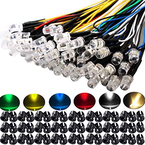 RUNCCI-YUN 60Pcs 5mm Leds mit 20cm Kabel, DC 12V Vorverdrahtetes Licht, Vorverdrahtete LED-Dioden Licht (Rot, Gelb, GRÜN, Weiß, Warmweiß, Blau) + 60Pcs 5mm LED Montageringe Plastik von RUNCCI-YUN