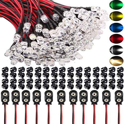 RUNCCI-YUN 60Pcs DC 12V Vorverdrahtetes Licht,5mm Leds mit 20cm Kabel,Vorverdrahtete LED-Dioden Licht Weiß Warm Weiß Rot Blau Grün Gelb +60Pcs 5mm Plastik LED Montageringe+9V Batterieanschluss von RUNCCI-YUN